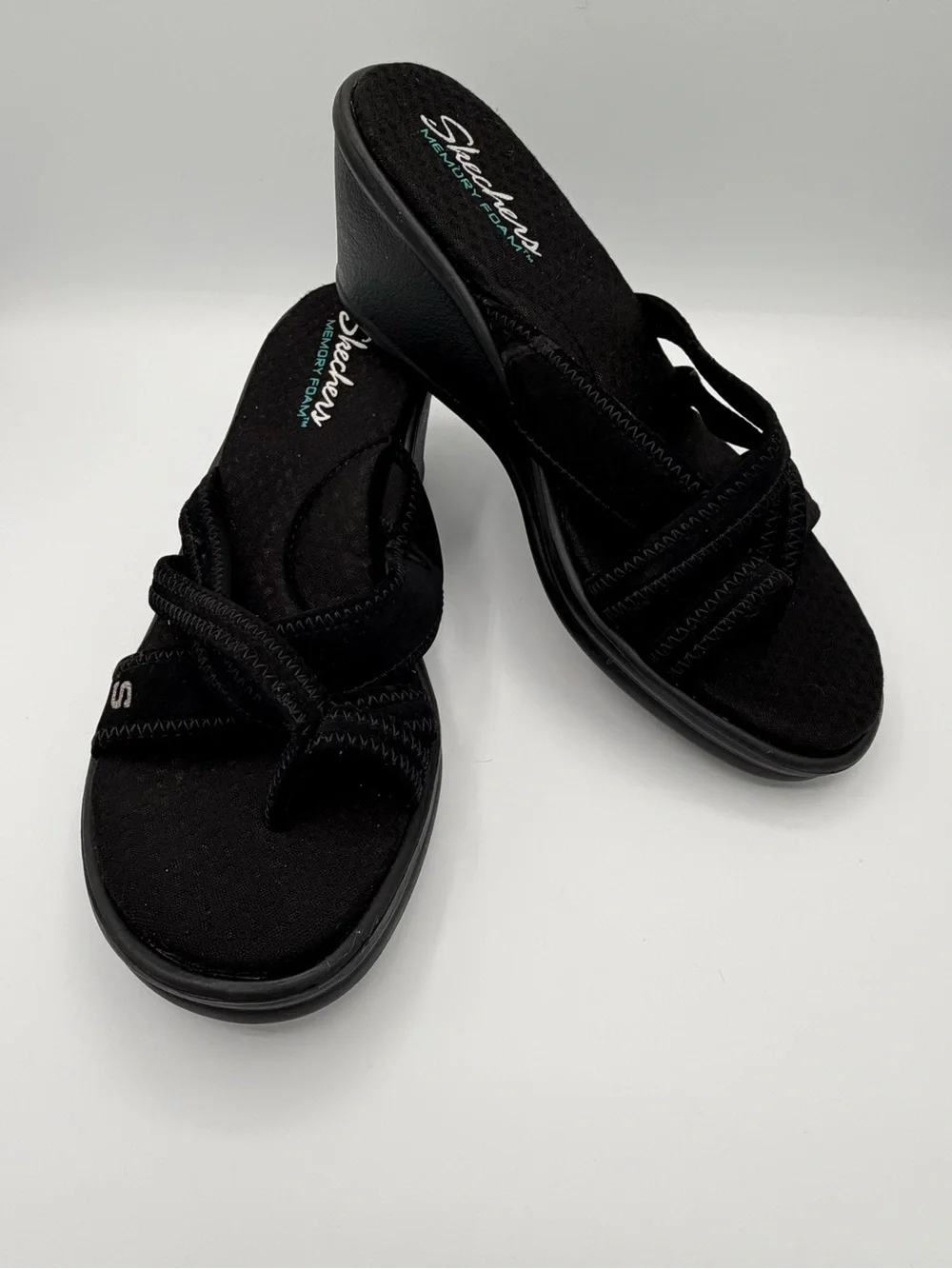 Skechers Black Women's Slip-On Wedge Sandals with Crisscross Straps